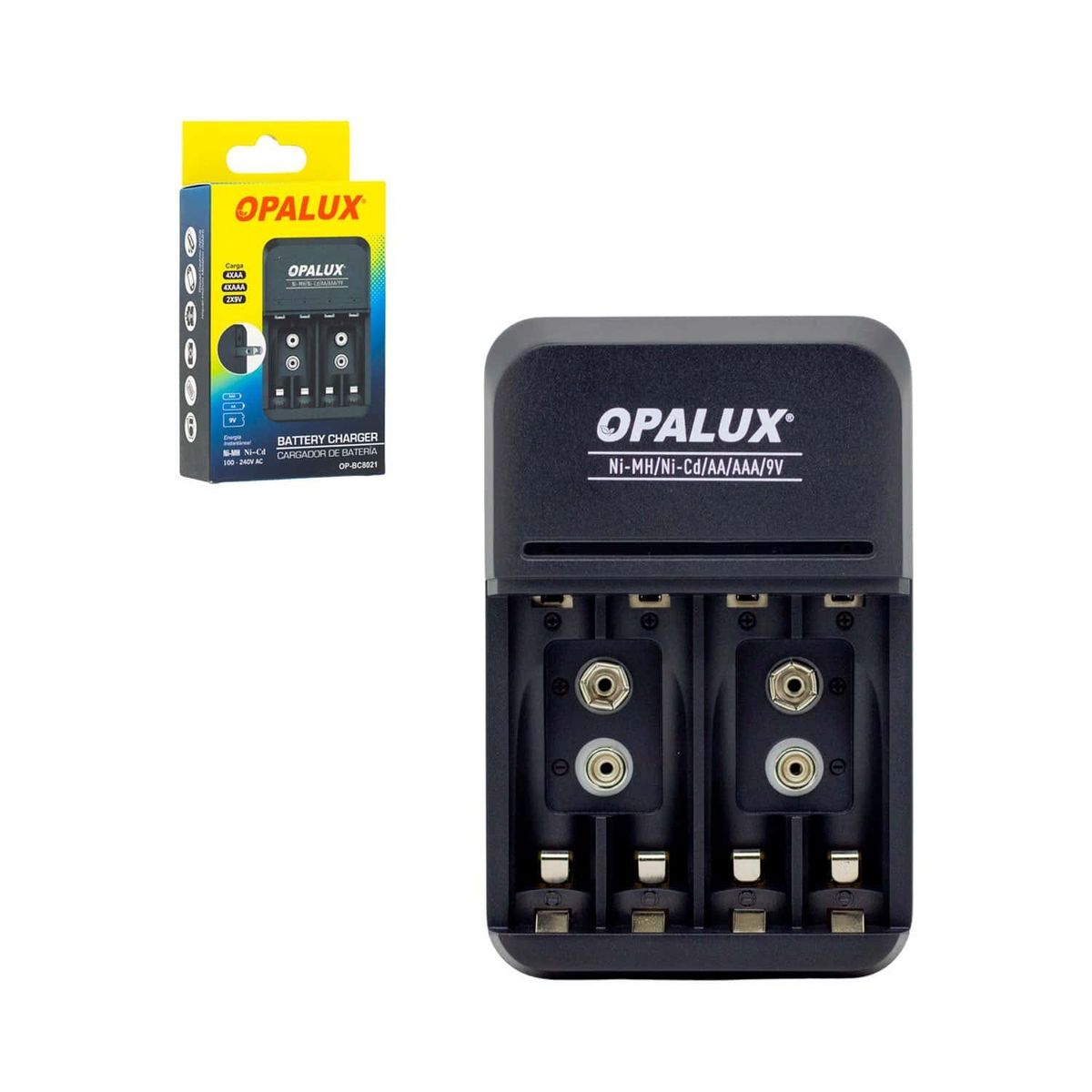 OPALUX - Kit Cargador de pilas 9V/AA/AAA con 4 pilas AA NiMH recargables