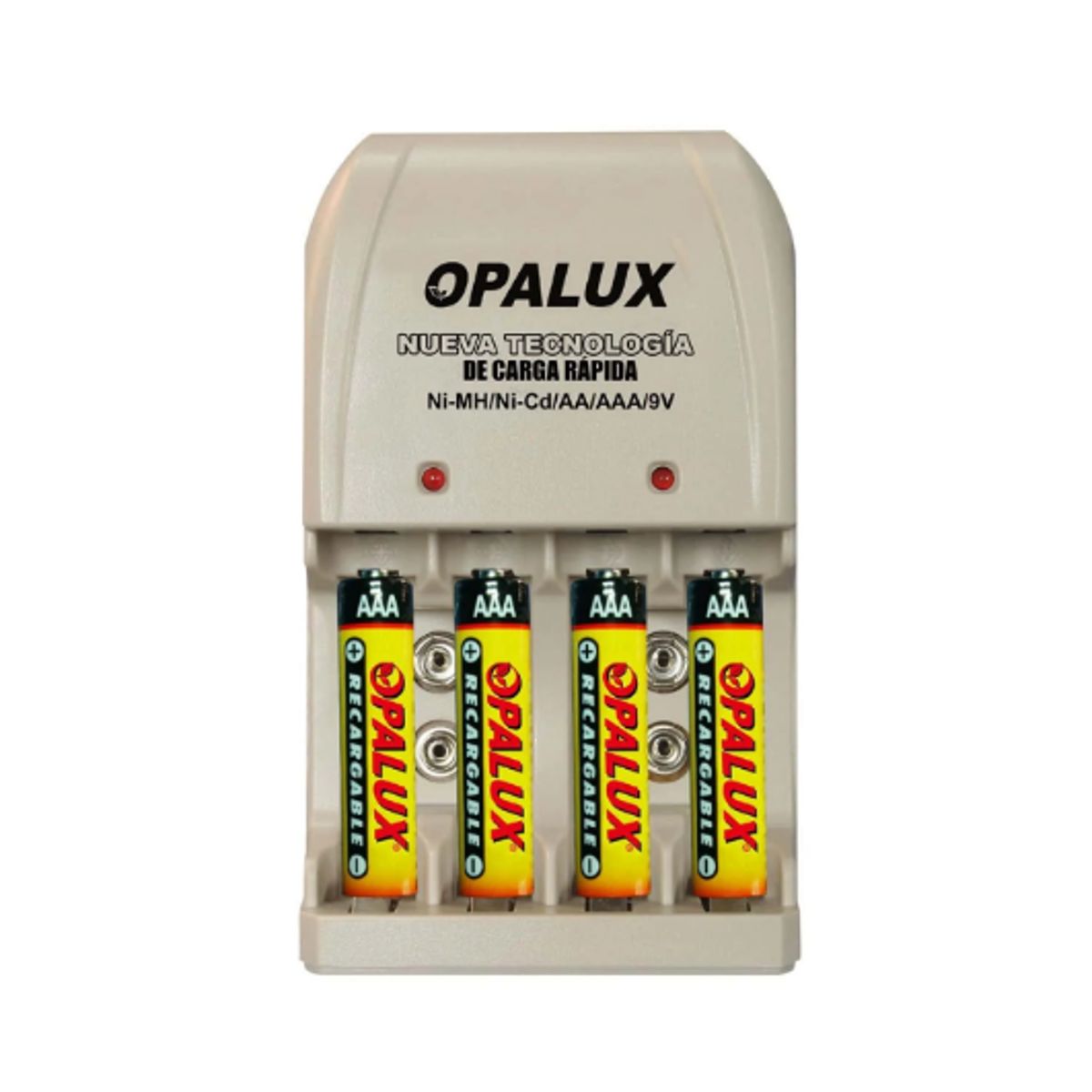 OPALUX - Kit Cargador de Pilas AA/AAA/9V con 4 Pilas AAA NiMH Recargables