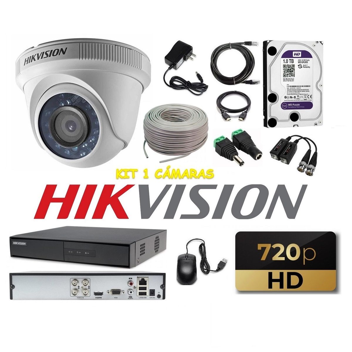 HIKVISION - kit 1 Cámaras Seguridad Domo Interior HD Hikvision 1TB + cable