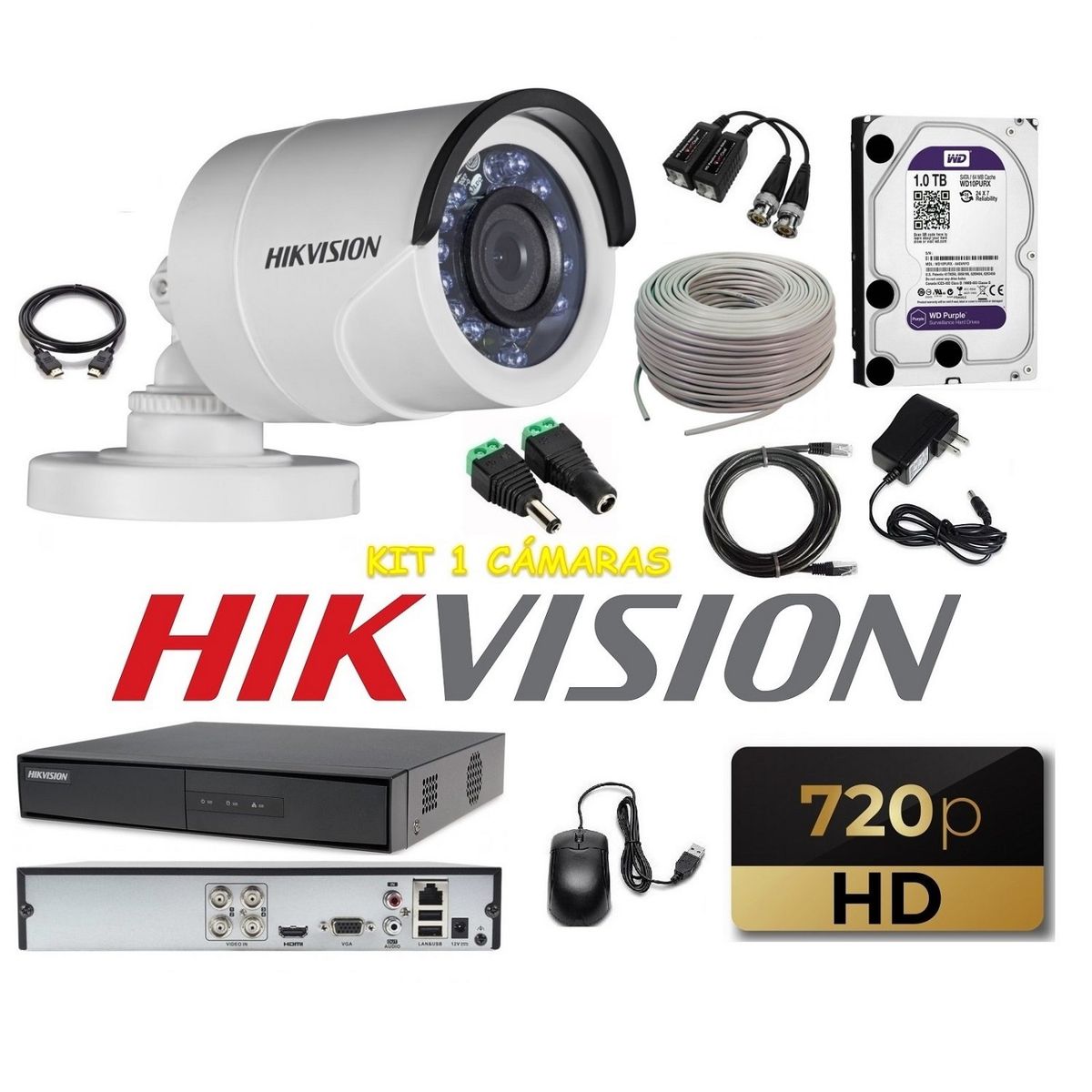 HIKVISION - kit 1 Cámaras Seguridad Tubo Exteriror HD Hikvision 1TB + cable
