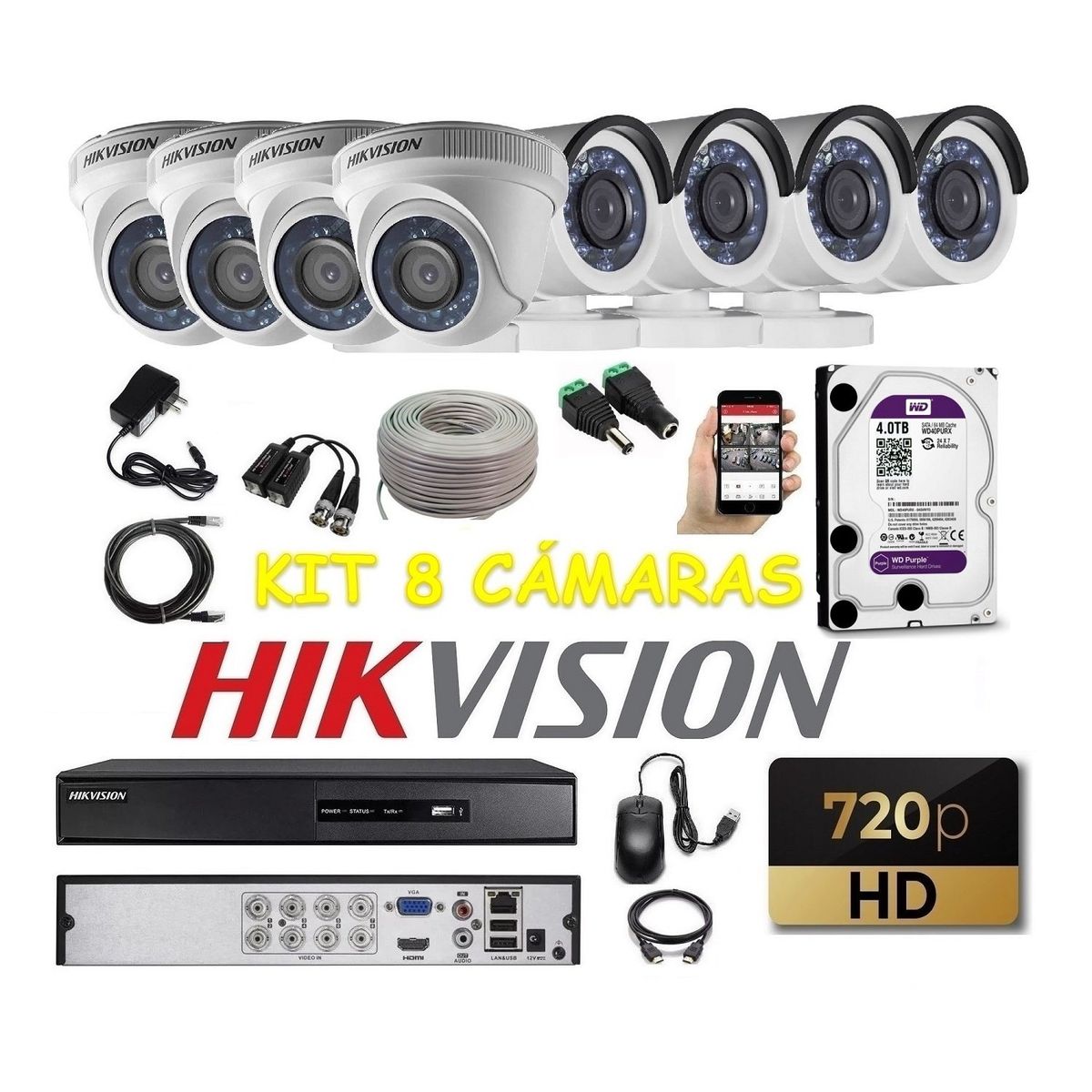 HIKVISION - kit 8 Cámaras Seguridad HD Hikvision 4tb + cable