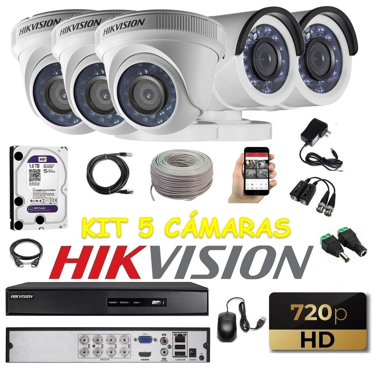 HIKVISION - kit 5 Cámaras Seguridad HD Hikvision 1tb + cable