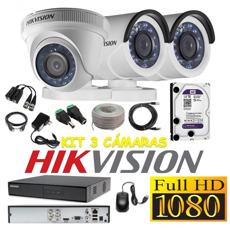 HIKVISION - kit 3 Cámaras Seguridad FULLHD 1080p Hikvision 1tb + cable