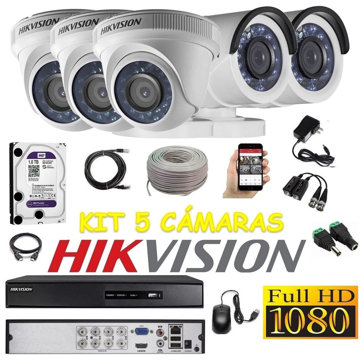 HIKVISION - kit 5 Cámaras Seguridad FULLHD Hikvision 1tb + cable