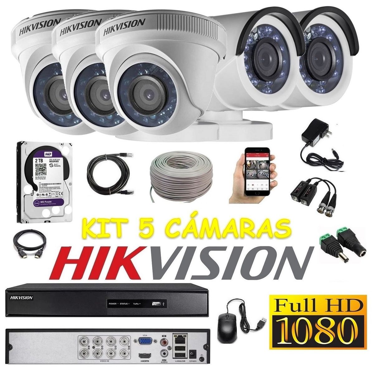 HIKVISION - kit 5 Cámaras Seguridad FULLHD Hikvision 2tb + cable