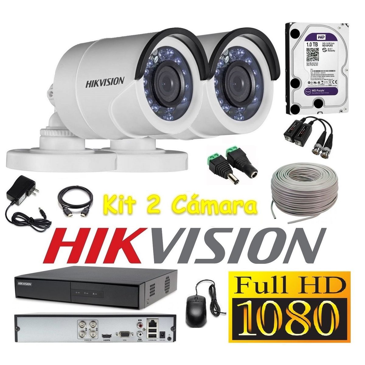 HIKVISION - kit 2 Cámaras Seguridad Tubo Exterior FULLHD Hikvision 1tb + cable