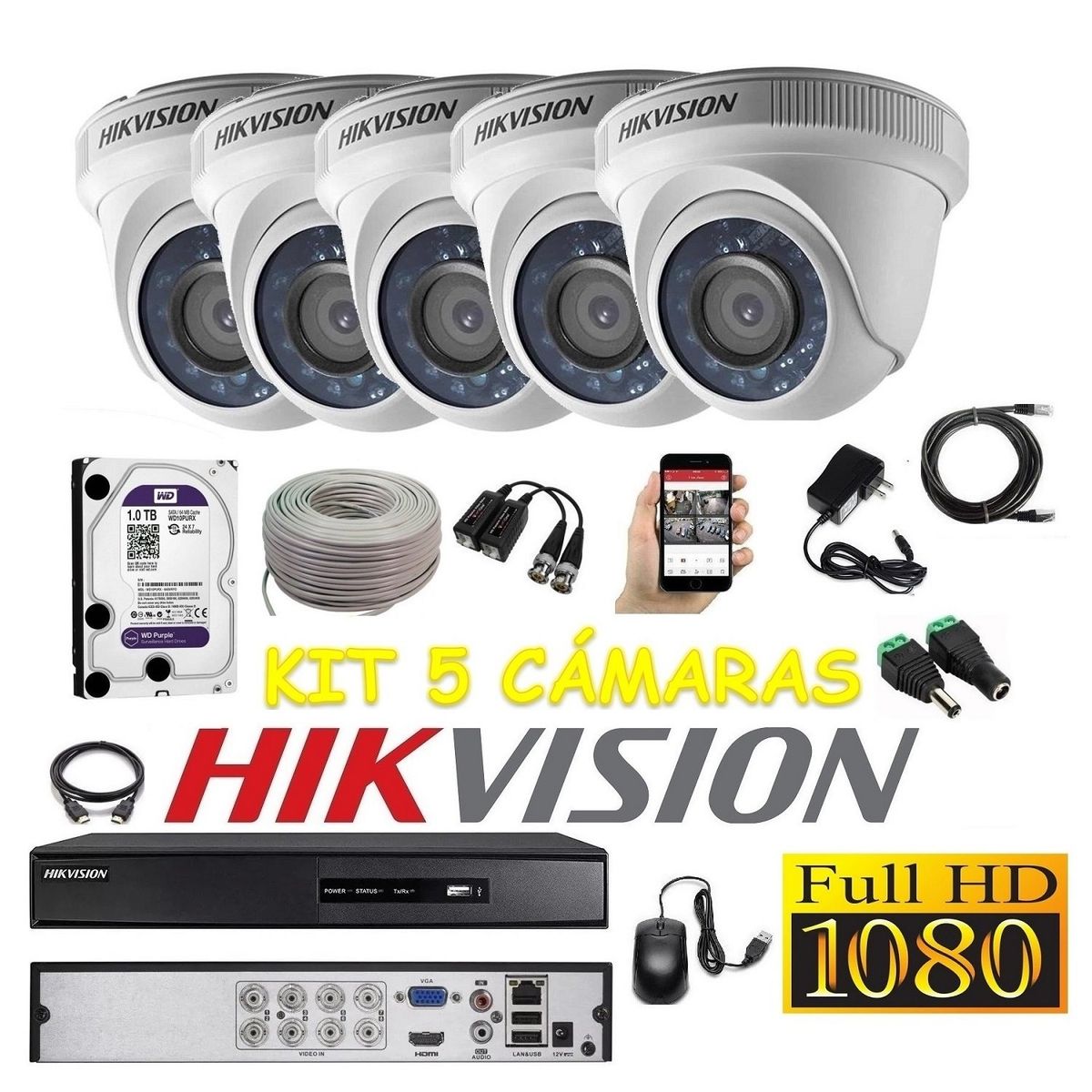 HIKVISION - kit 5 Cámaras Seguridad Domo FULLHD Hikvision 1tb + cable