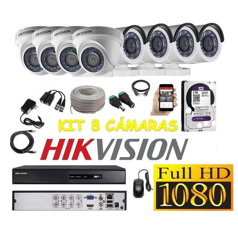 HIKVISION - kit 8 Cámaras Seguridad FULLHD Hikvision 2tb + cable