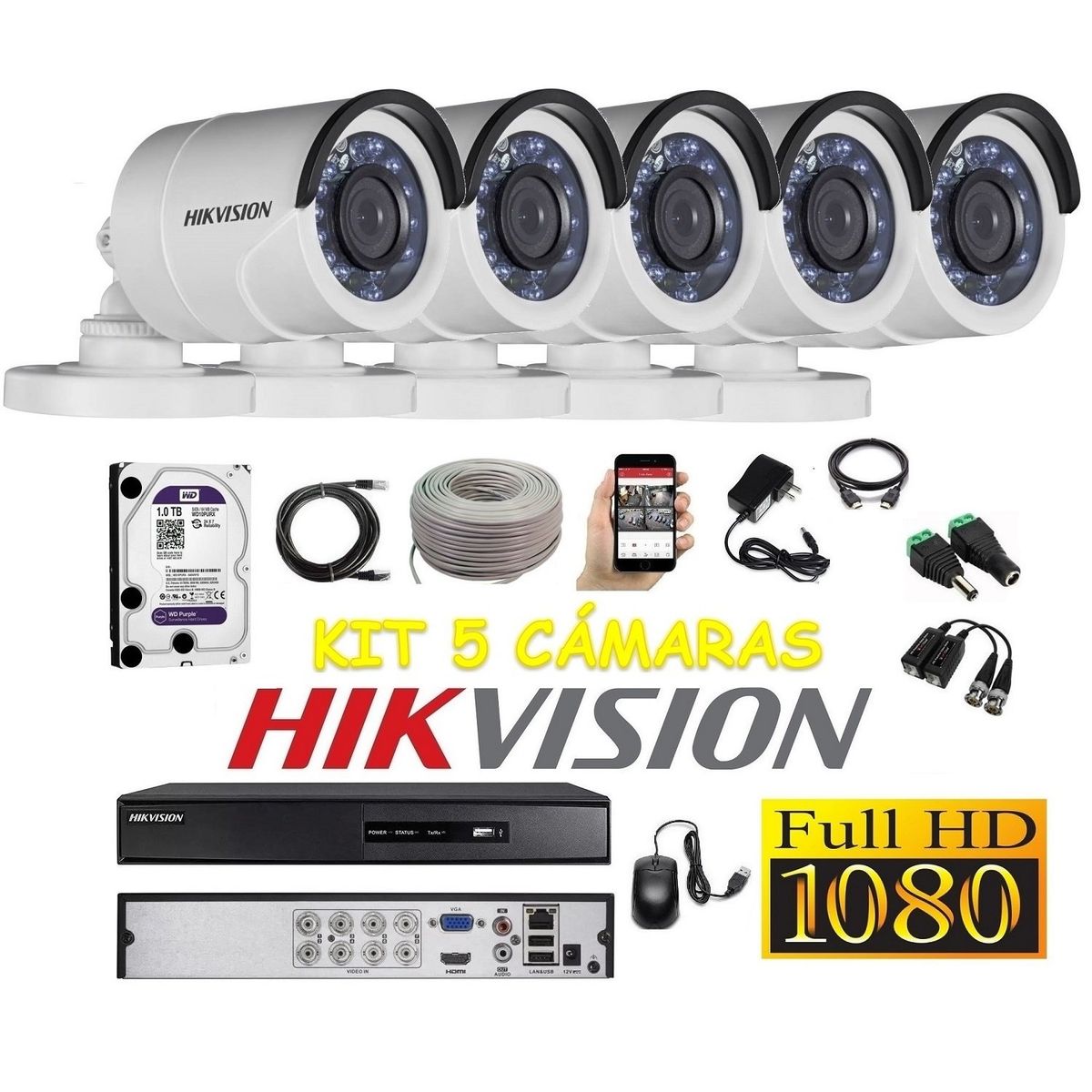 HIKVISION - kit 5 Cámaras Seguridad Tubo Exterior FULLHD Hikvision 1tb + cable