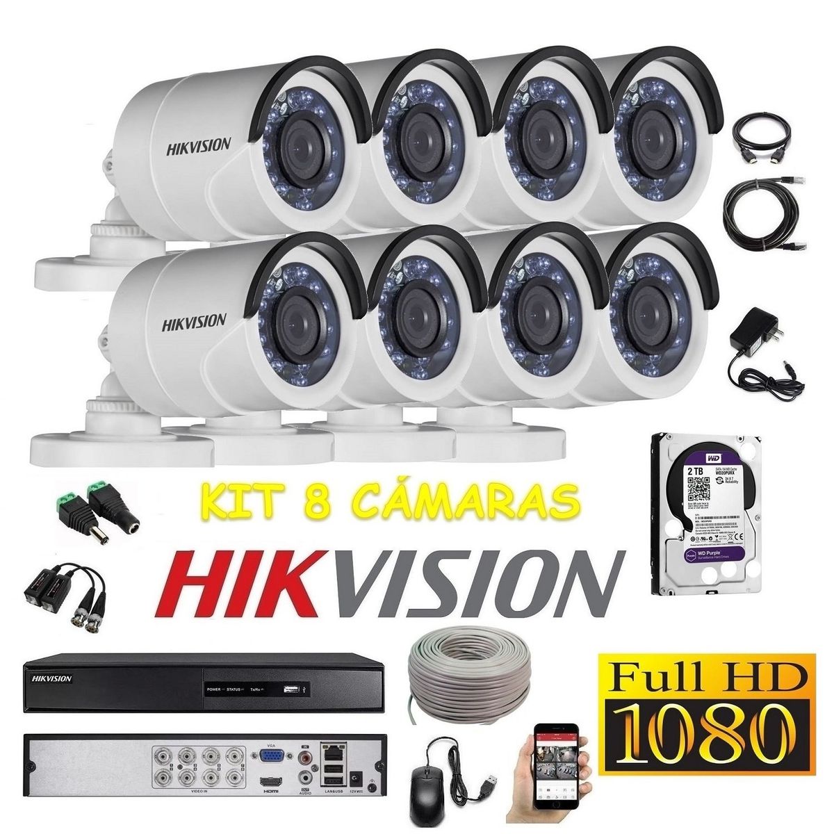 HIKVISION - kit 8 Cámaras Seguridad Tubo Exterior FULLHD Hikvision 2tb + cable