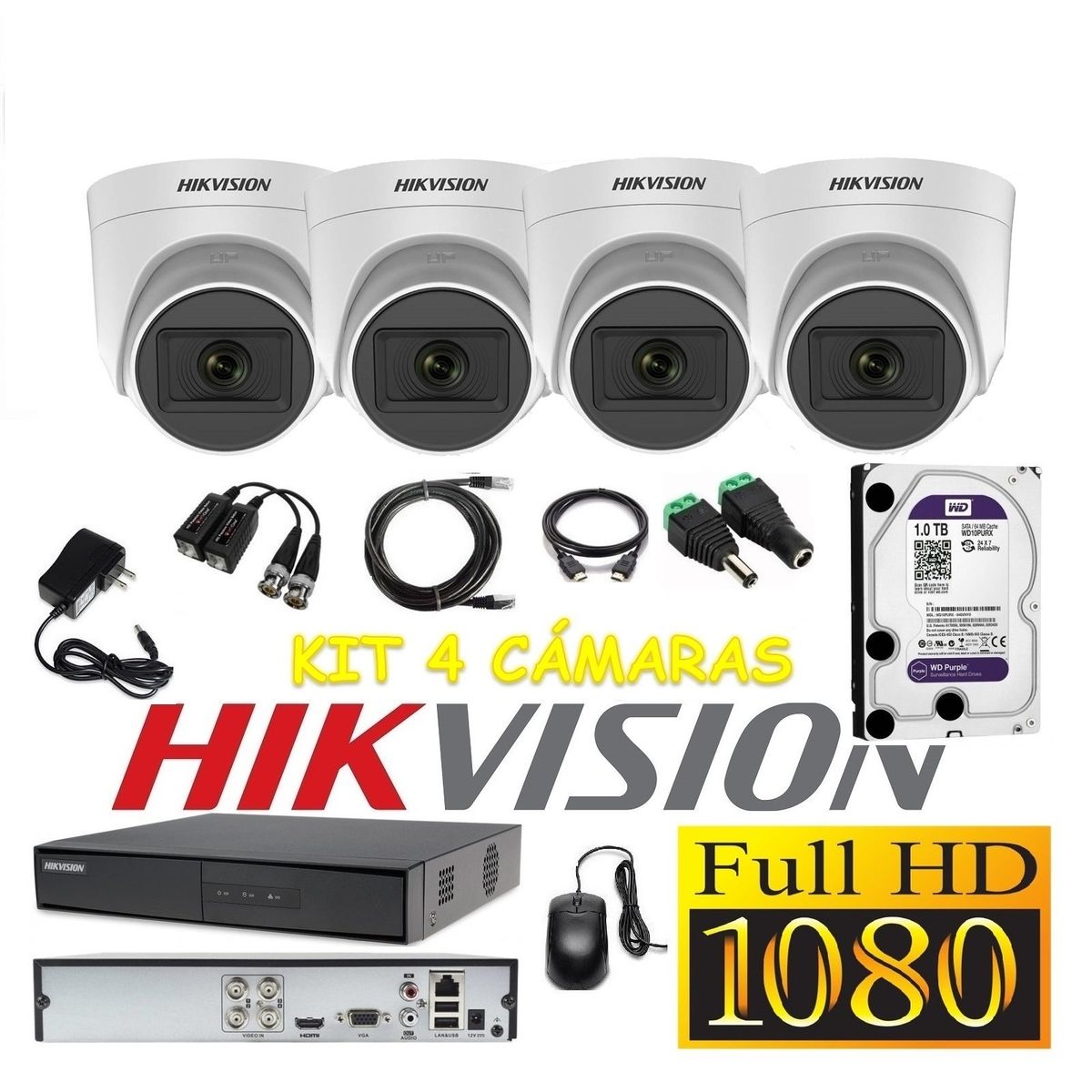 HIKVISION - Cámaras Seguridad Kit 4 HIKVISION DOMO FULLHD Audio Incorporado 1Tb