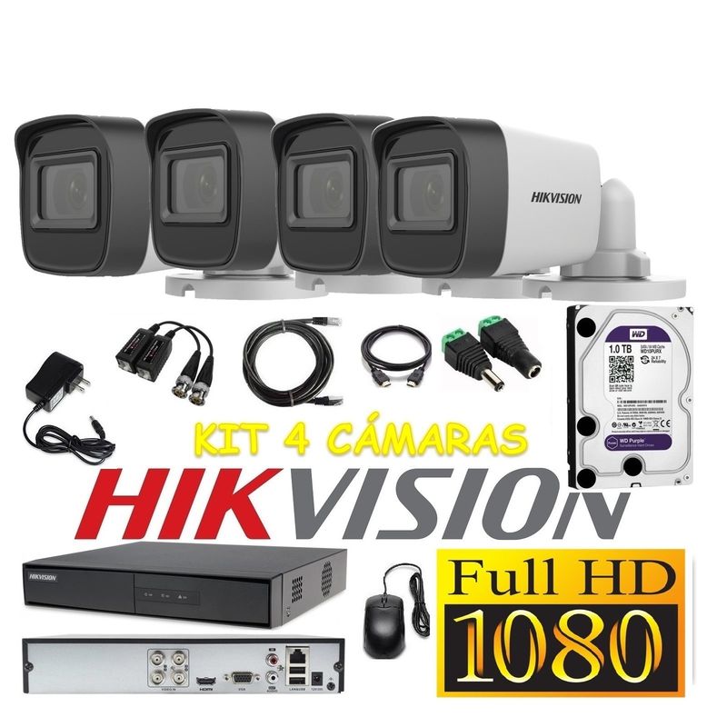 HIKVISION - Cámaras Seguridad Kit 4 HIKVISION TUBO FULLHD Audio Incorporado 1Tb