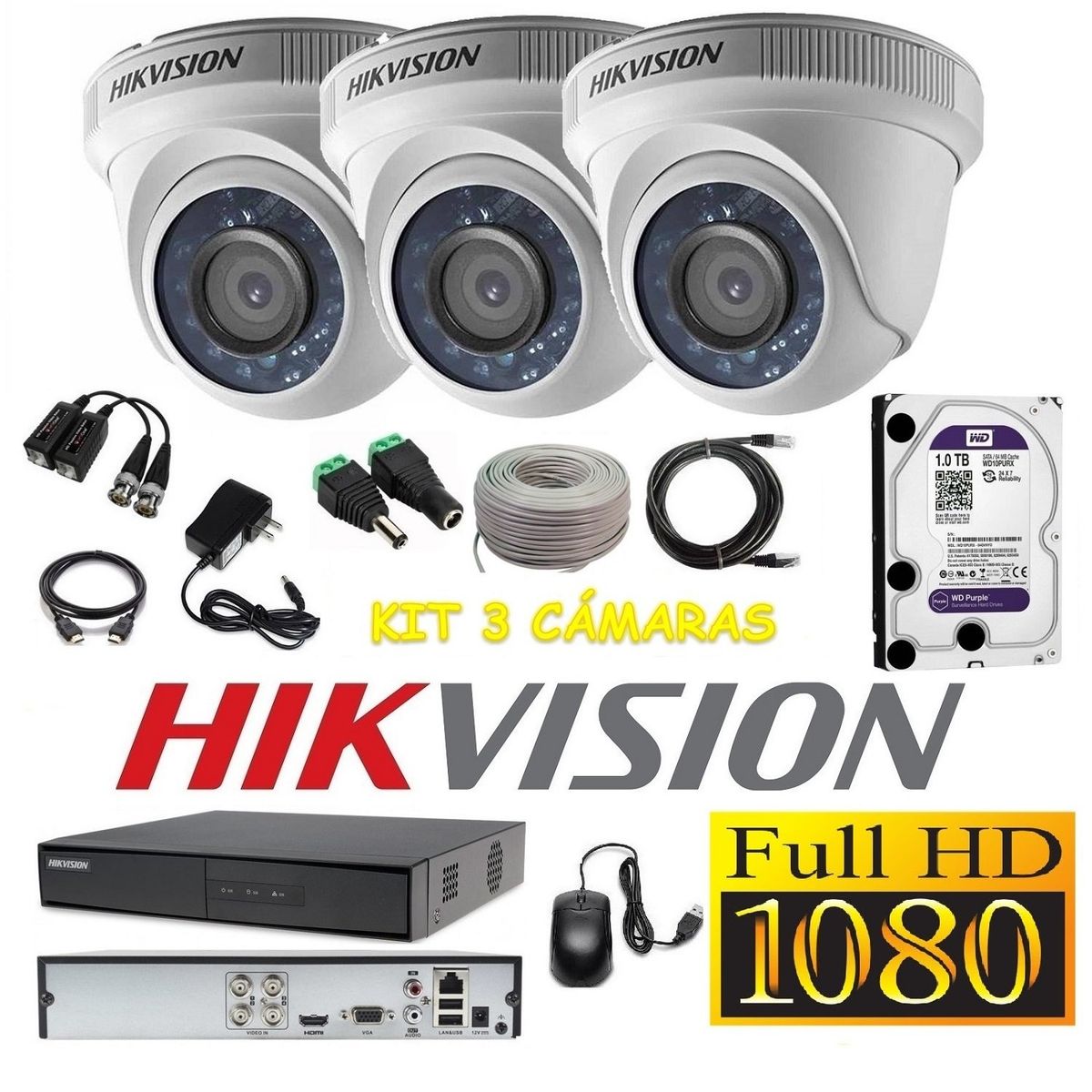 HIKVISION - kit 3 Cámaras Seguridad Domo FULLHD Hikvision 1tb + cable