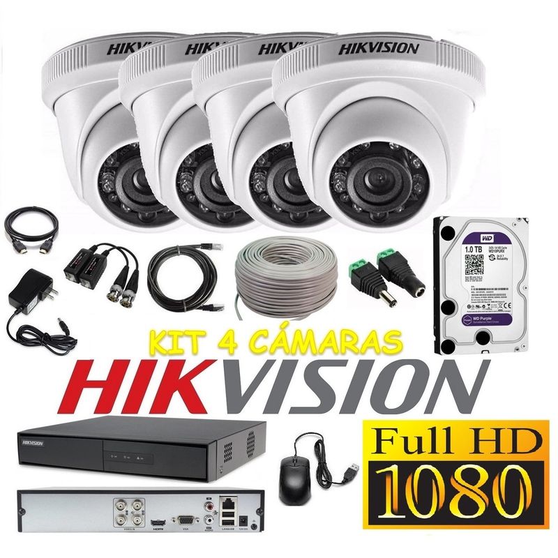 HIKVISION - kit 4 Cámaras Seguridad Domo FULLHD Hikvision 1tb + cable