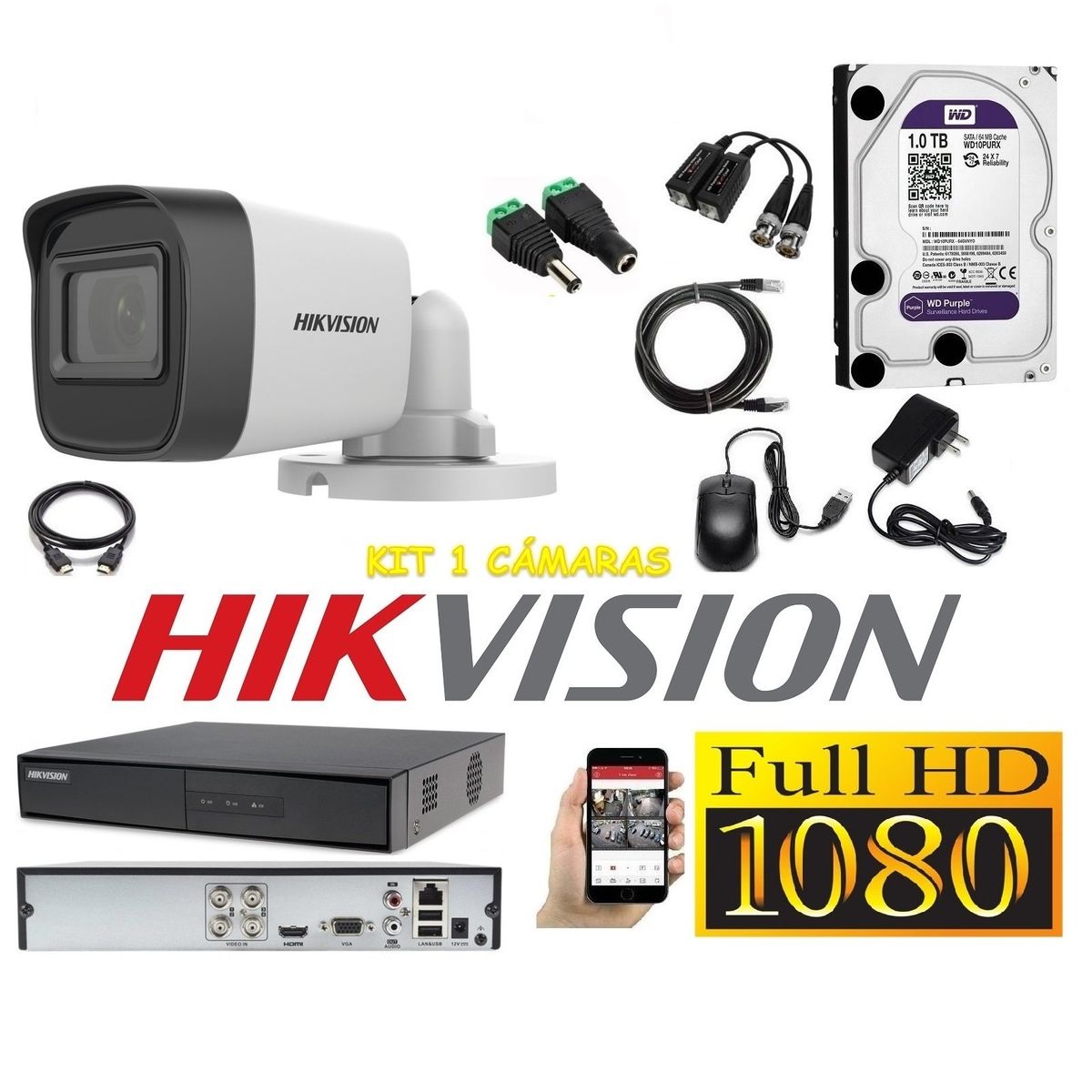 HIKVISION - Cámaras Seguridad Kit 1 HIKVISION TUBO FULLHD Audio Incorporado 1Tb