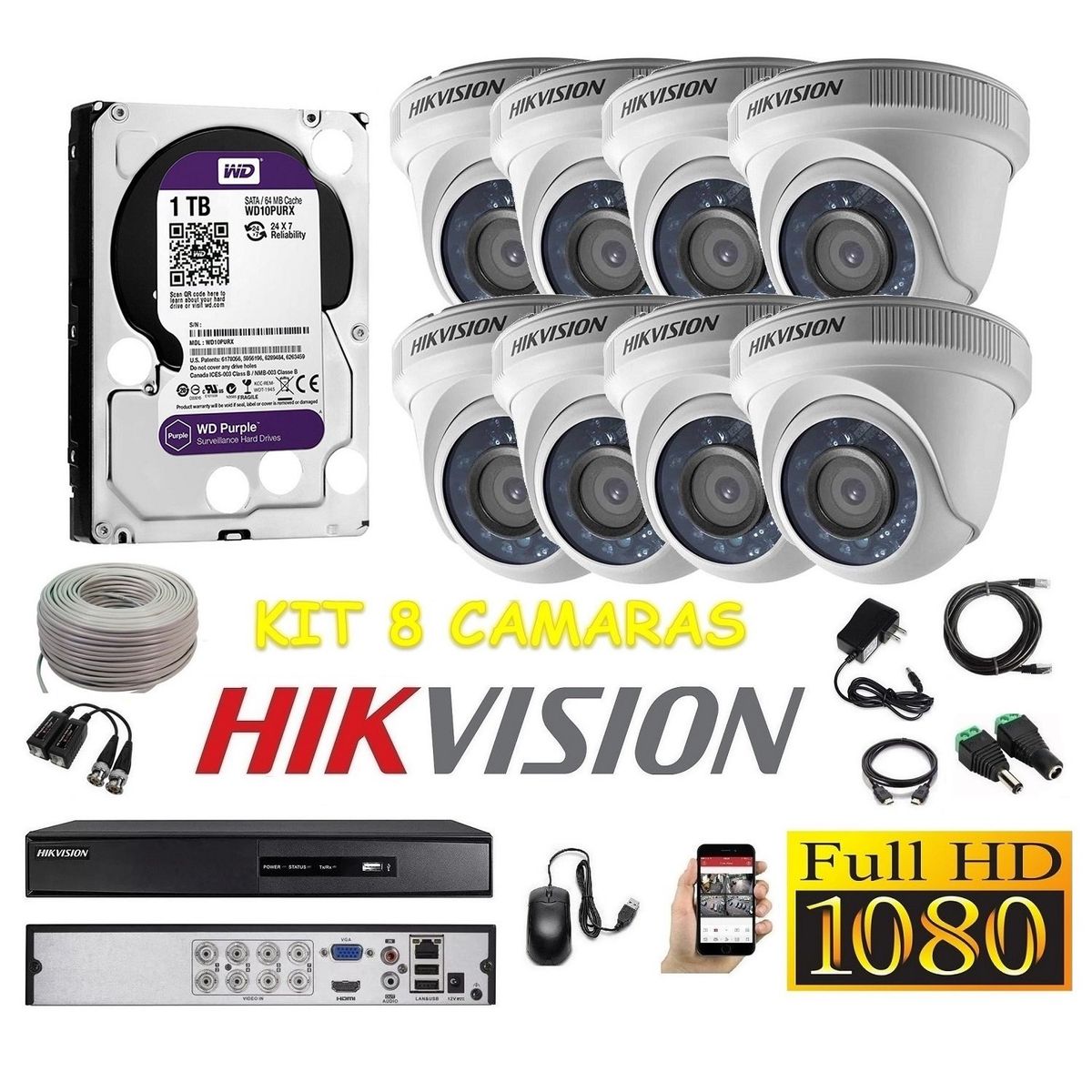 HIKVISION - kit 8 Cámaras Seguridad Domo Interior FULLHD Hikvision 1tb + cable