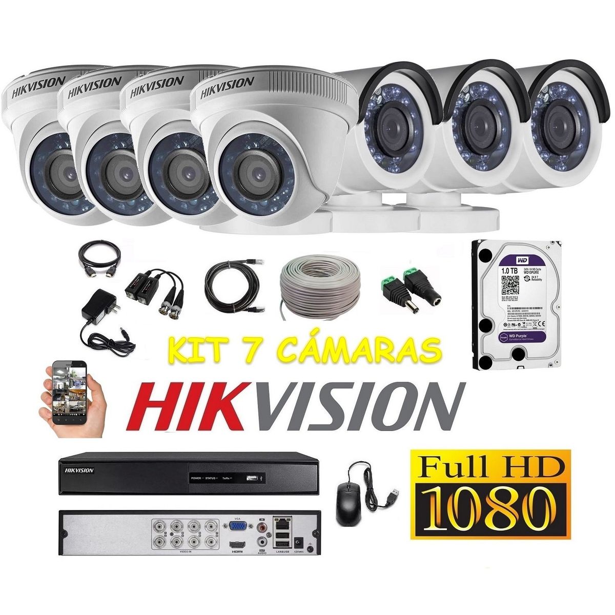 HIKVISION - kit 7 Cámaras Seguridad FULLHD Hikvision 1tb + cable