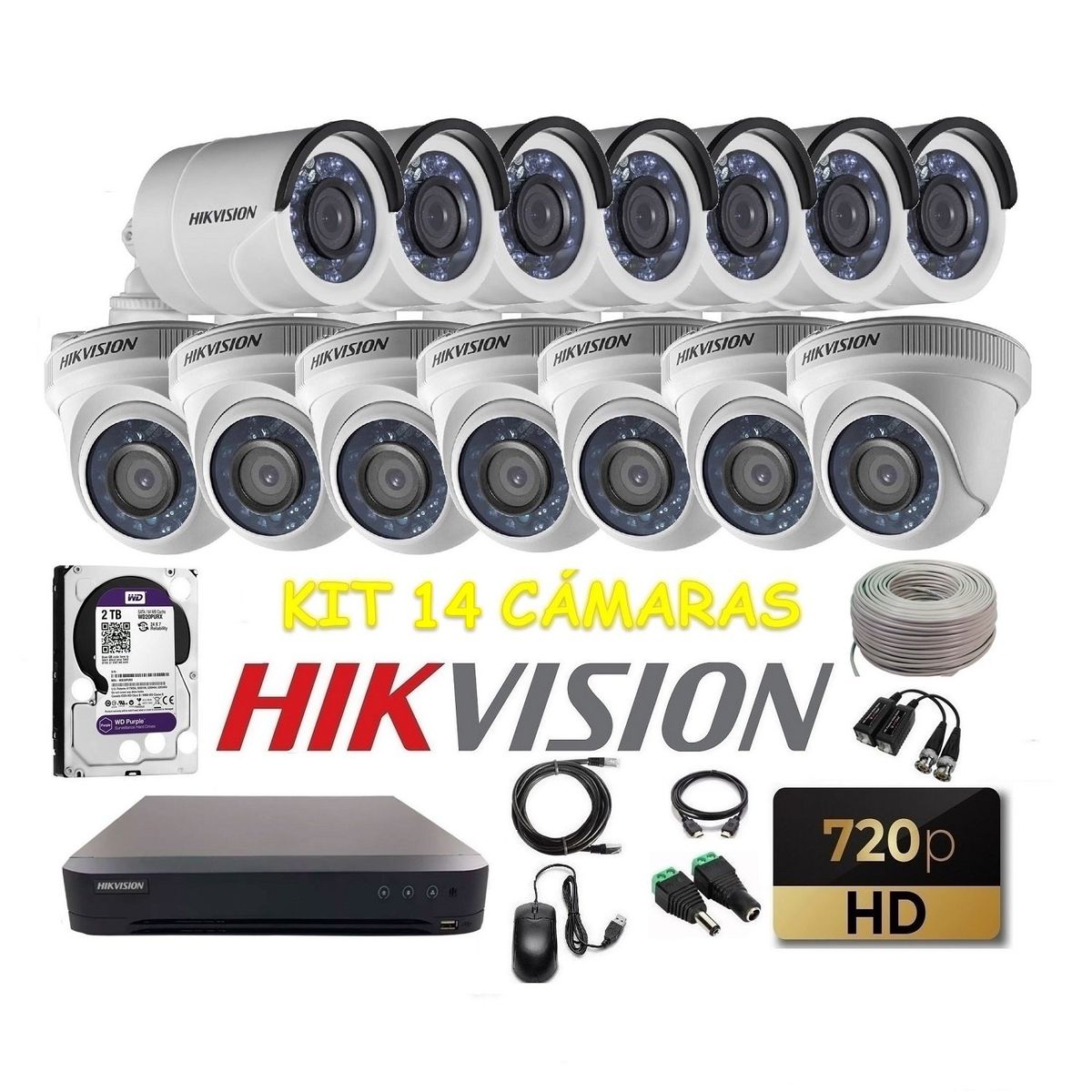 HIKVISION - kit 14 Cámaras Seguridad HD Hikvision 2tb + cable