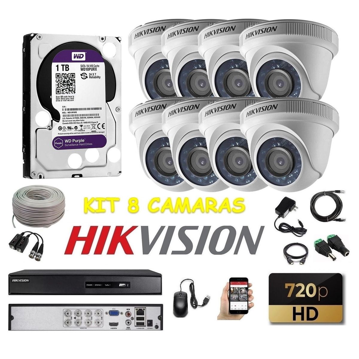 HIKVISION - kit 8 Cámaras Seguridad Domo Interior HD Hikvision 1tb + cable