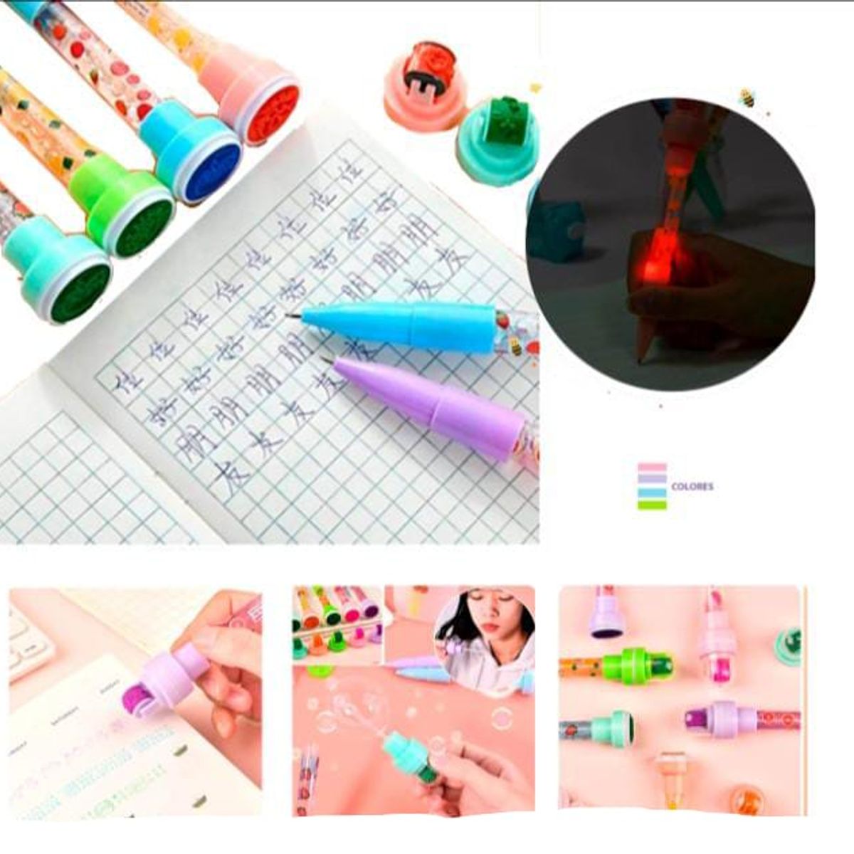 GENERICO - Pack 3 bolígrafos mágicos , sello decorado , iluminador