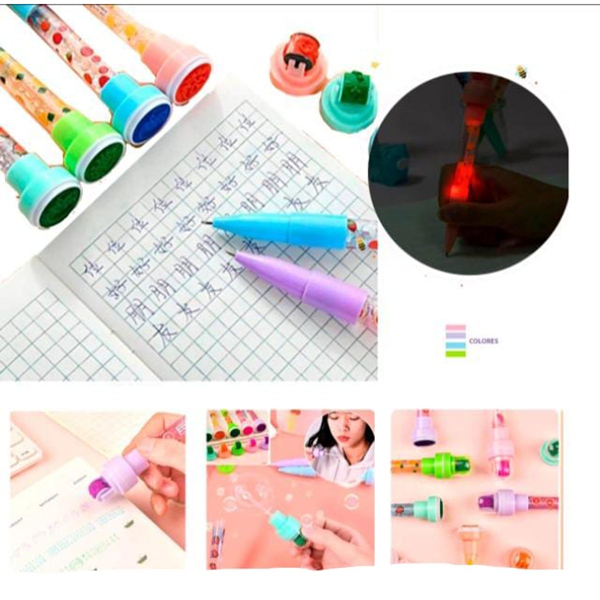 GENERICO - Pack 3 bolígrafos mágicos , sello decorado , iluminador