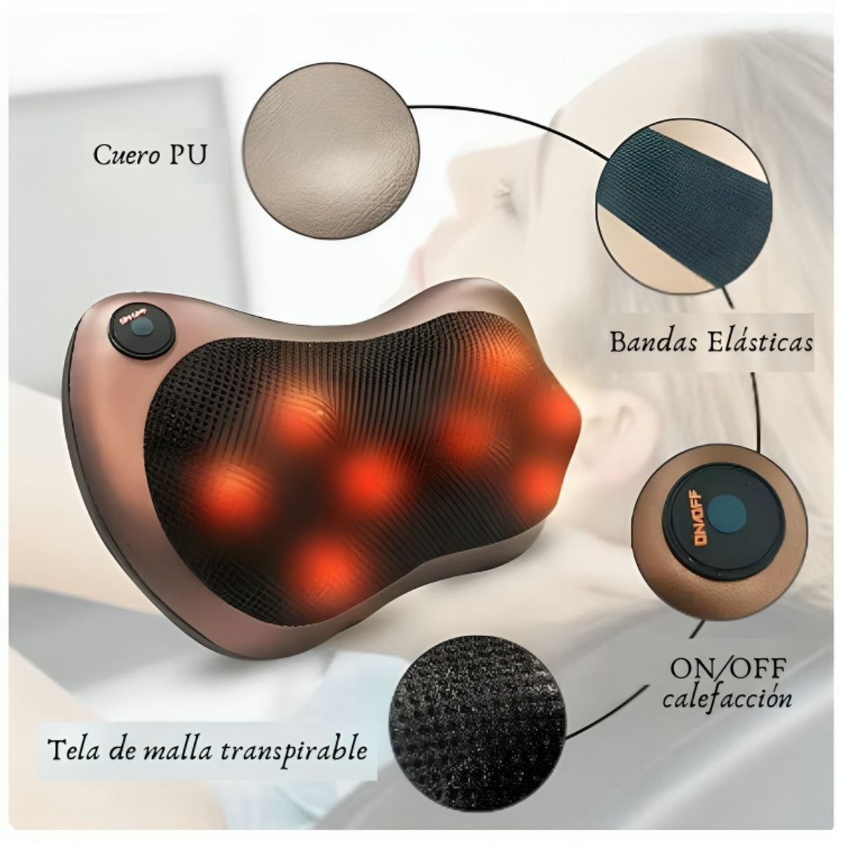 GENERICO - Almohada Masajeador Shiatsu con Calefacción para Alivio Dolor Muscular