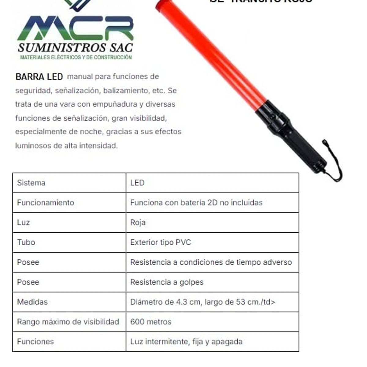 GENERICO - BARRA LED DE SEÑALIZACION Y SEGURIDAD DE TRANSITO ROJO