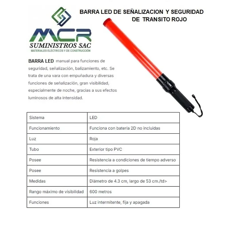 GENERICO - BARRA LED SEÑALIZACION Y SEGURIDAD DE TRANSITO ROJO CON PILA