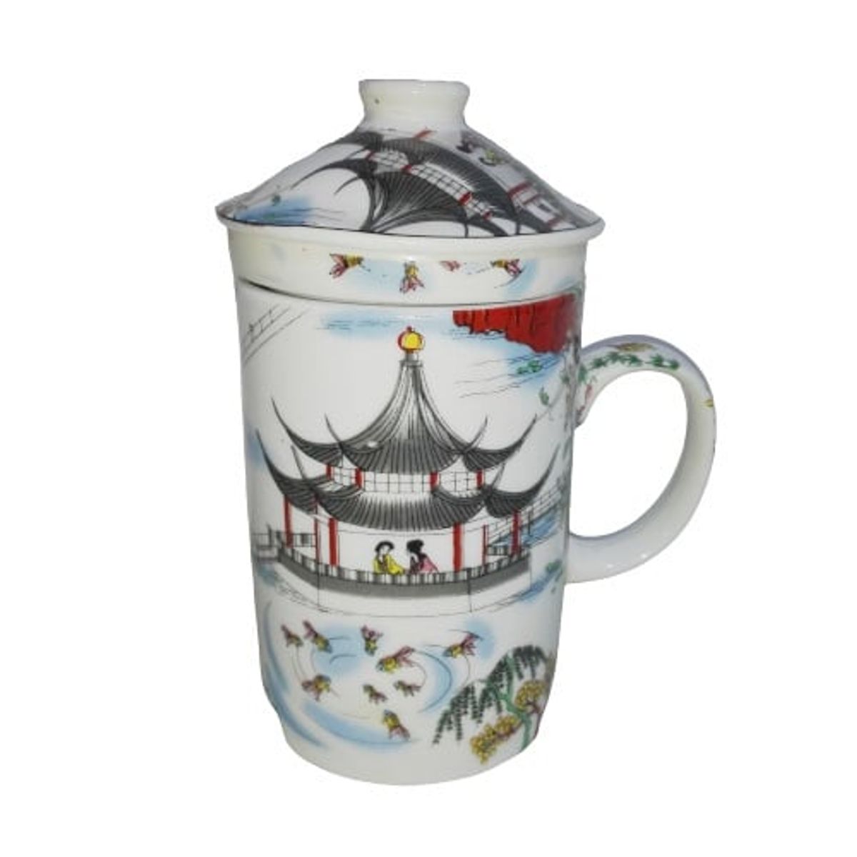 GENERICO - Taza Ceramica Con Filtro Oriental Palacio Pagoda Peces 3pza