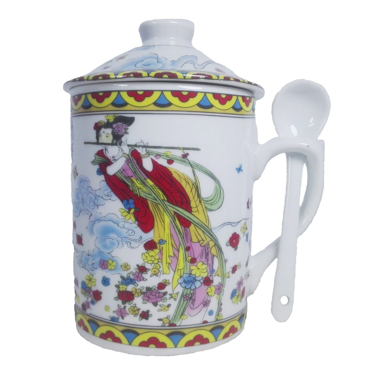 GENERICO - Taza Ceramica Con Cuchara Oriental Diosa Xuan Nu Bawu 3pza