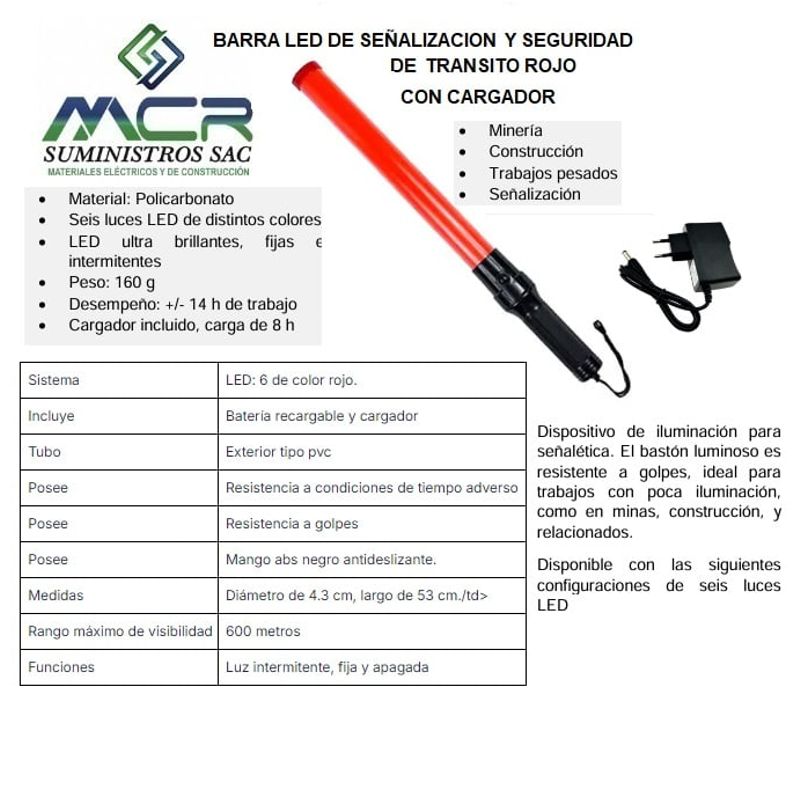 GENERICO - BARRA LED PARA SEÑALIZACION Y SEGURIDAD ROJO CON CARGADOR