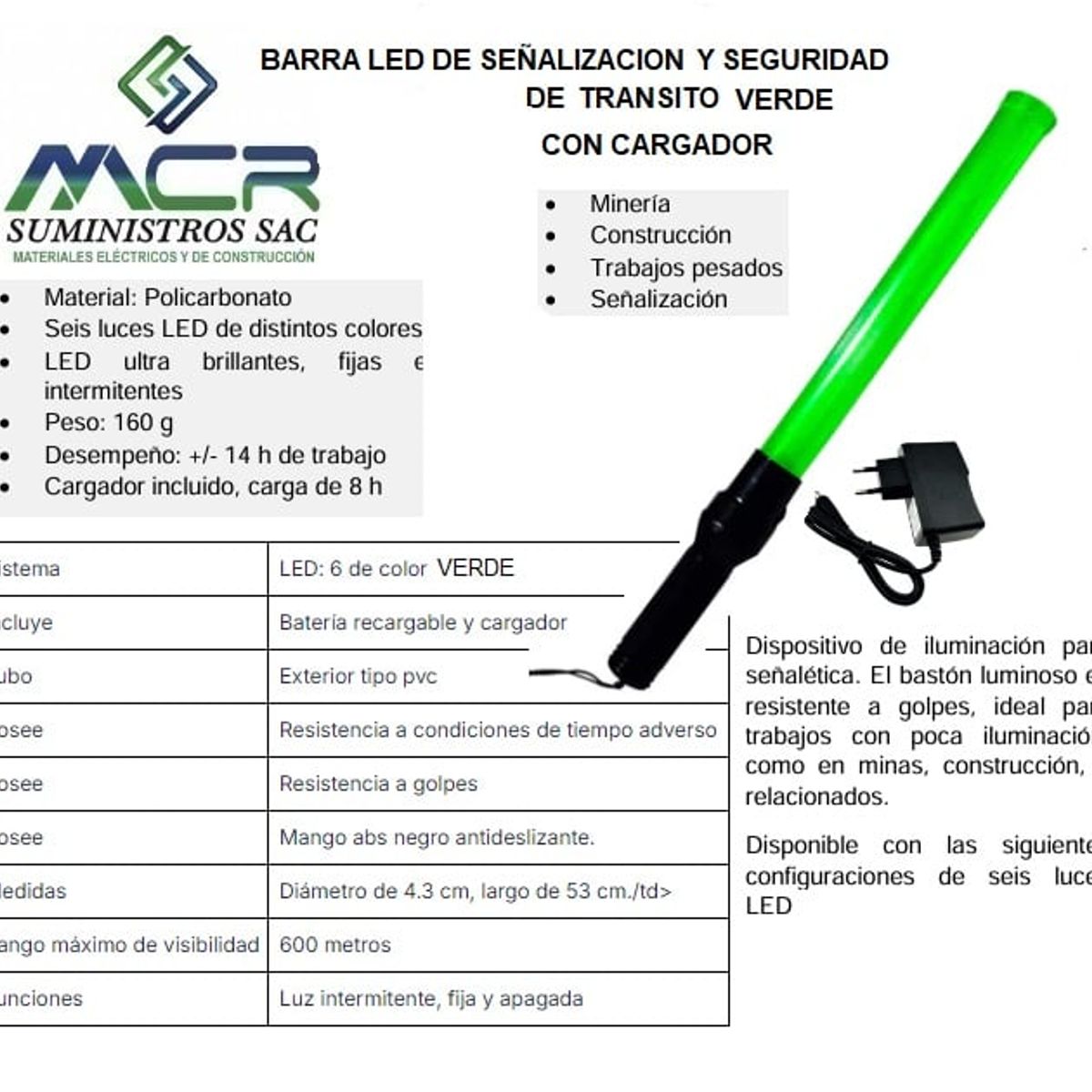 GENERICO - BARRA LED PARA SEÑALIZACION Y SEGURIDAD VERDE CON CARGADOR