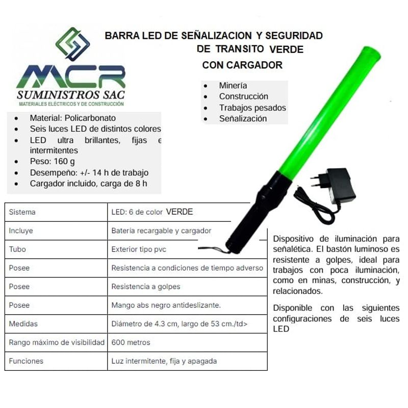 GENERICO - BARRA LED PARA SEÑALIZACION Y SEGURIDAD VERDE CON CARGADOR
