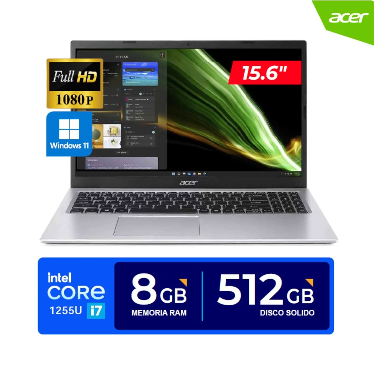ACER - LAPTOP ACER ASPIRE 3 / 15.6" FHD / Core i7-1255U, 4.70 GHz, 8GB RAM / 512GB SSD/ Win11 Home