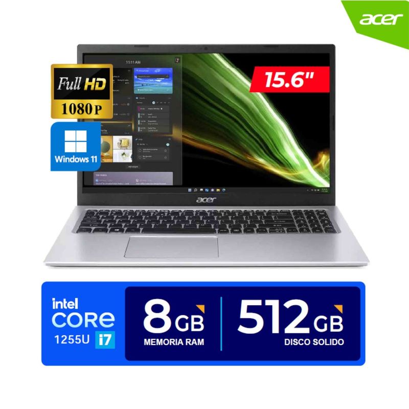 ACER - LAPTOP ACER ASPIRE 3 / 15.6" FHD / Core i7-1255U, 4.70 GHz, 8GB RAM / 512GB SSD/ Win11 Home