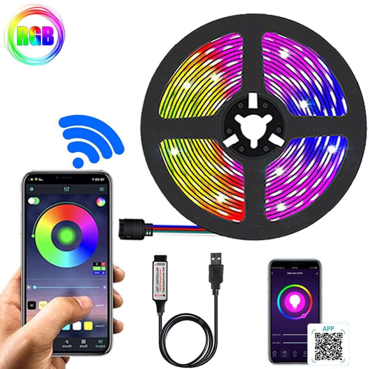 LH ELECTRONIC - Cinta Tira de Luces LED RGB  5M con Aplicativo Bluetooth