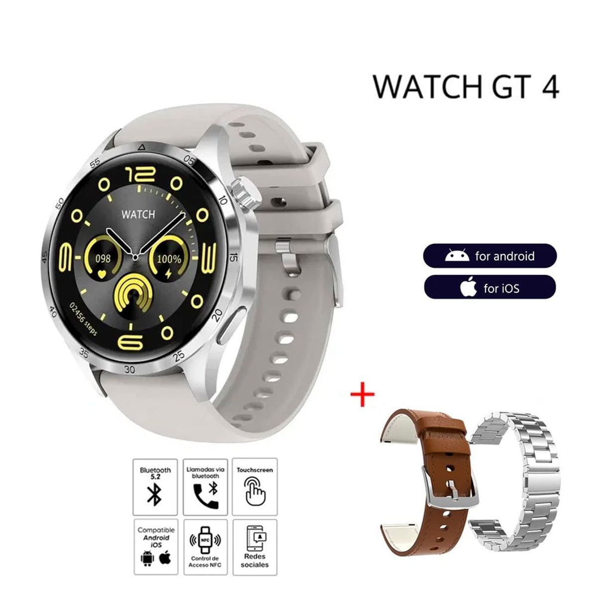 GENERICO - Smartwatch GT4 Pro Plus Triple Correa Alta Gama Silver.
