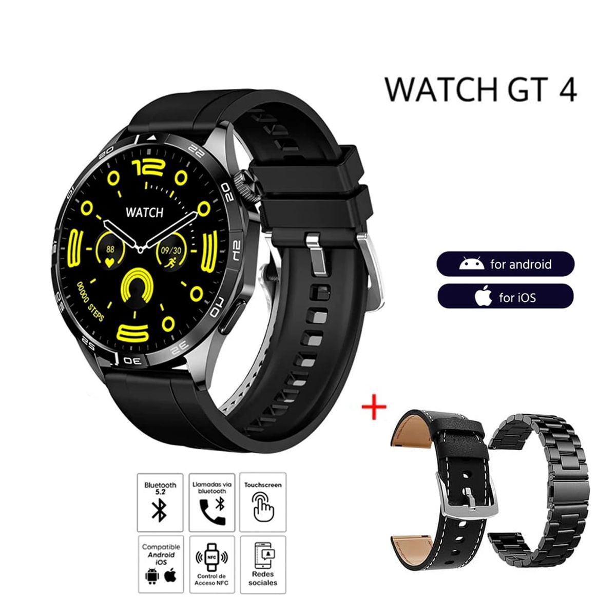 GENERICO - Smartwatch GT4 Pro Plus Triple Correa Alta Gama Negro.
