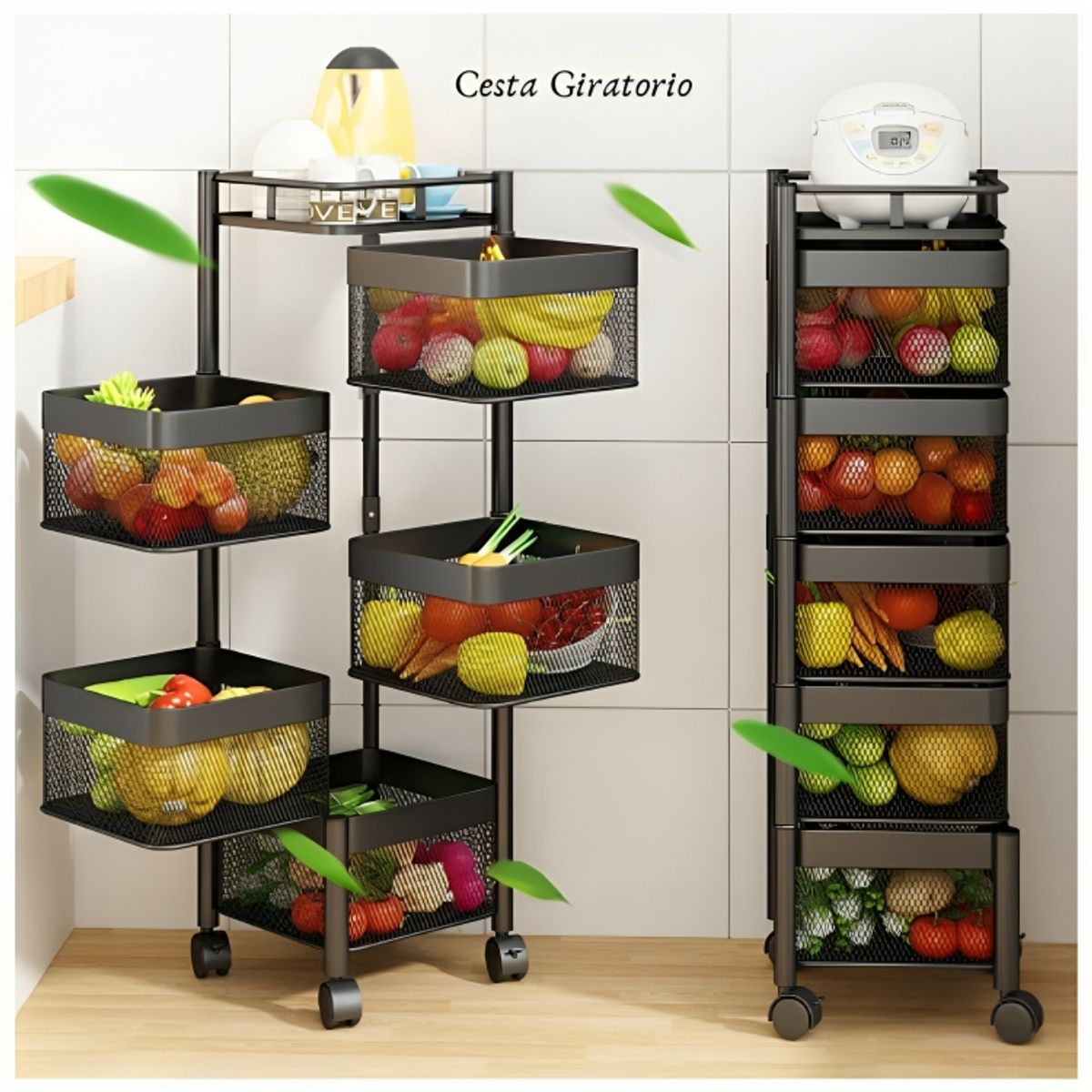 GENERICO - Estante Organizador de Verduras Cuadrado Giratorio de 5 Niveles Ruedas