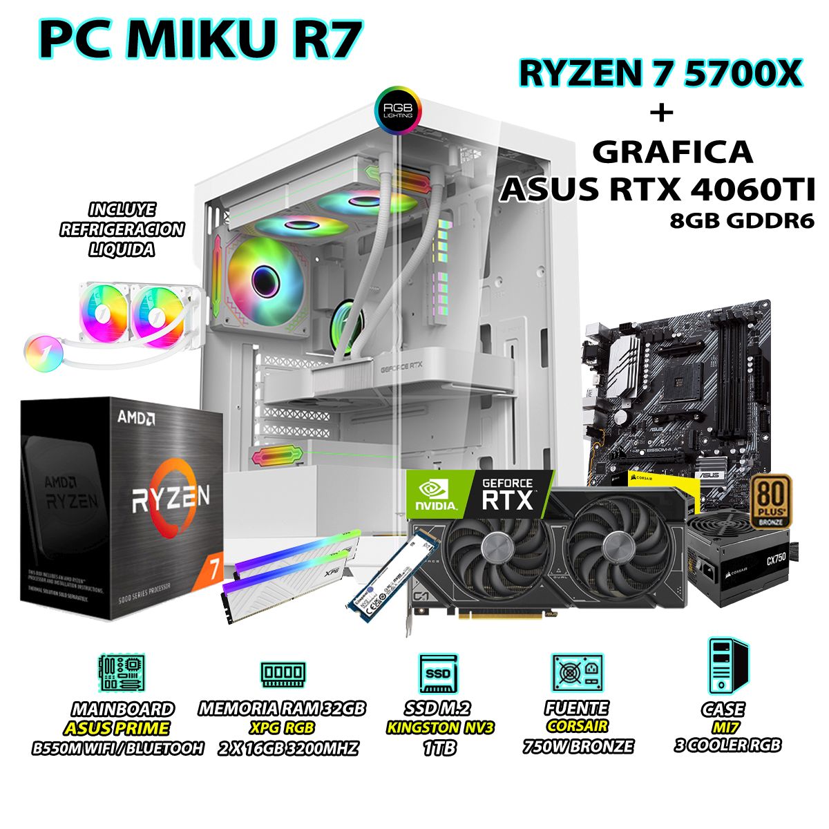 AMD - Computadora PC GAMER RYZEN 7 5700X RAM 32GB SSD 1TB GRAFICA ASUS RTX 4060TI 8GB