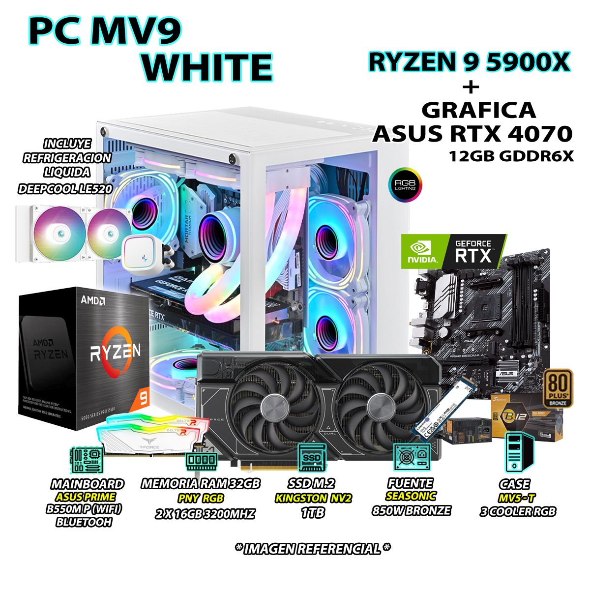 AMD - Computadora PC GAMER RYZEN 9 5900X RAM 32GB SSD 1TB GRAFICA ASUS RTX 4070 12GB