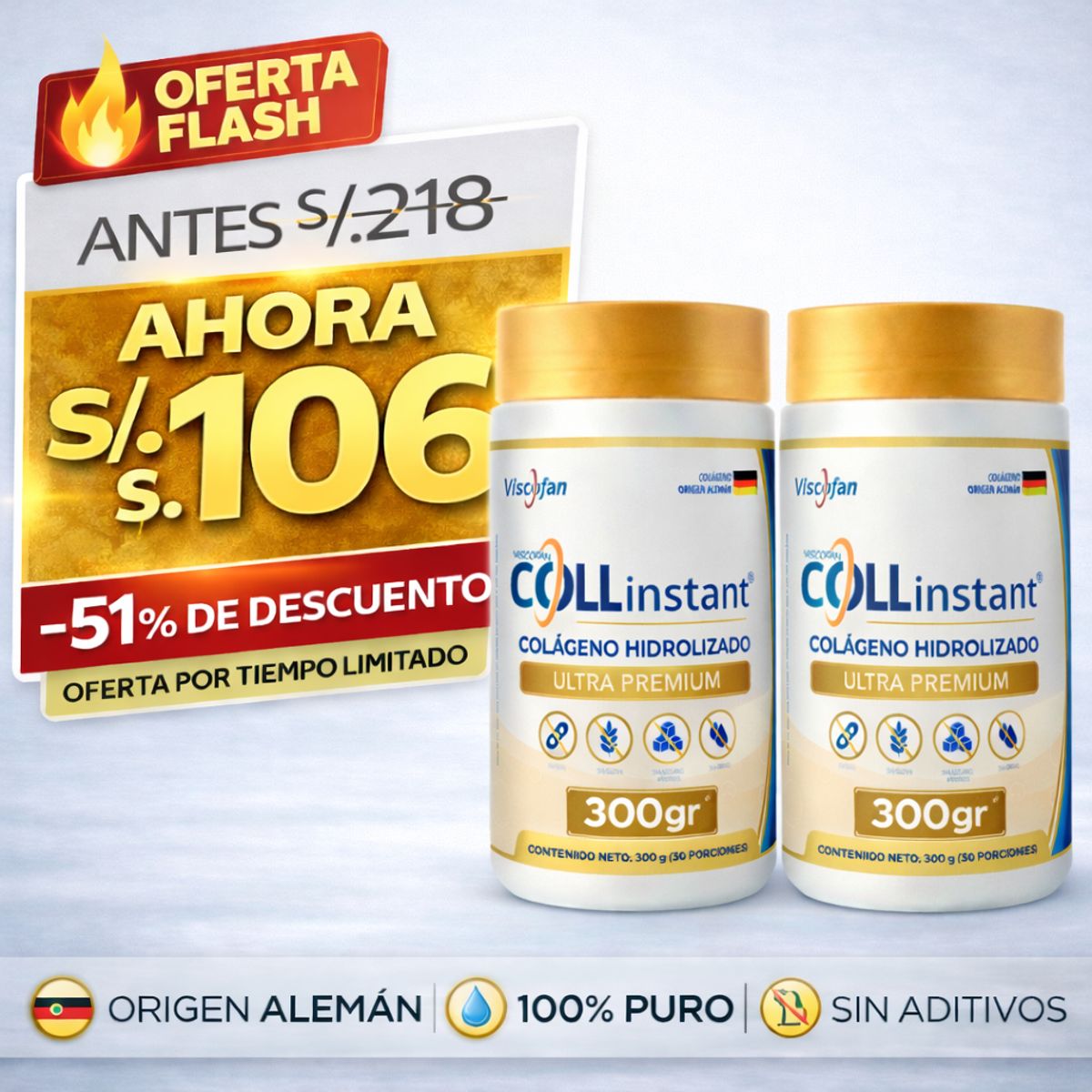 VISCOFAN COLLINSTANT - Colágeno Hidrolizado Alemán Ultra Premium Pack 2×1 COLLinstant® Fórmula Premium de Alta Biodisponibilidad 300gr