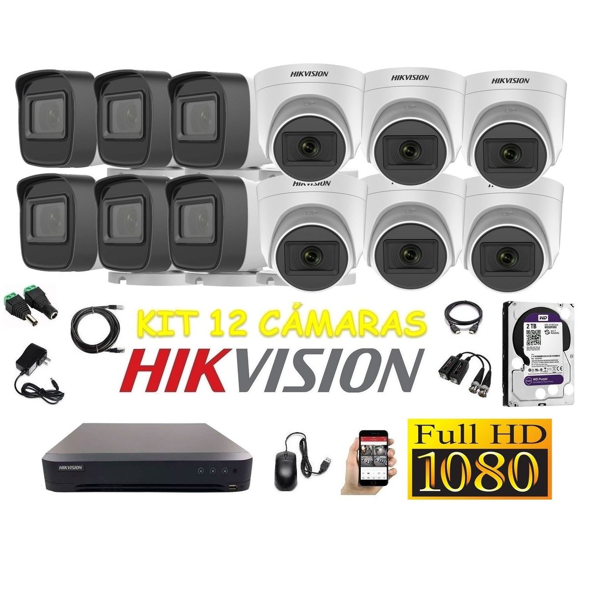 HIKVISION - Cámaras Seguridad Kit 12 HIKVISION FULLHD Audio Incorporado 2tb