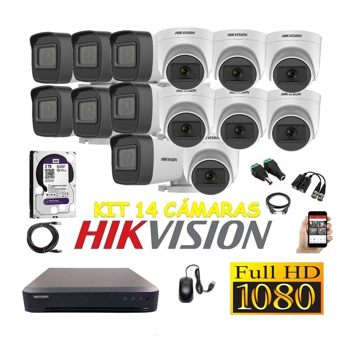 HIKVISION - Cámaras Seguridad Kit 14 HIKVISION FULLHD Audio Incorporado 2tb