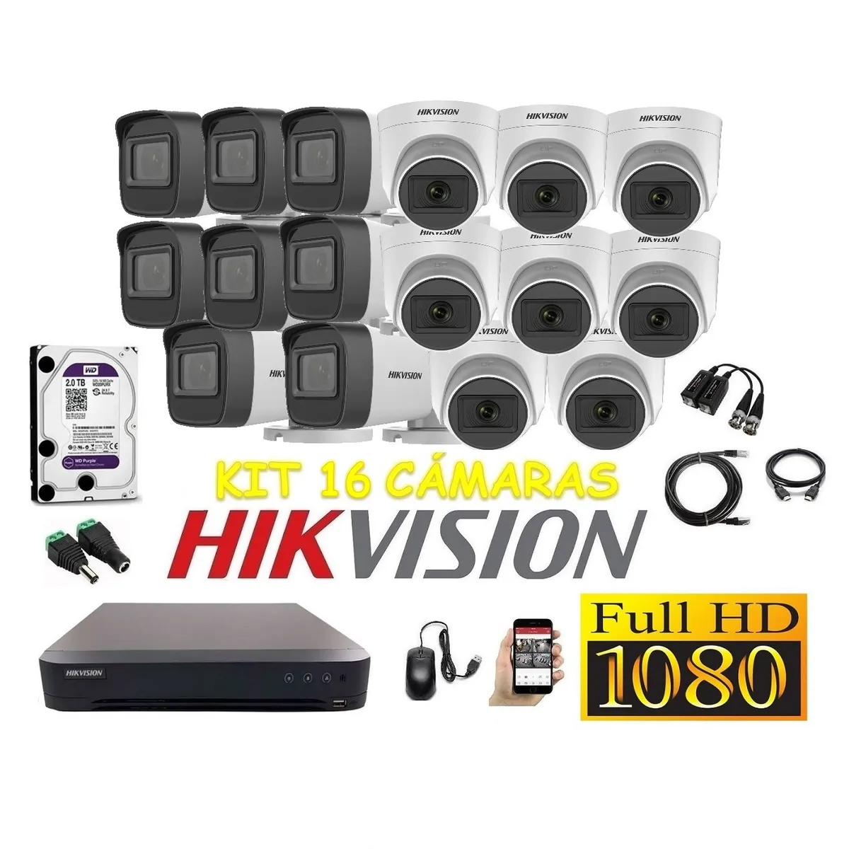 HIKVISION - Cámaras Seguridad Kit 16 HIKVISION FULLHD Audio Incorporado 2tb