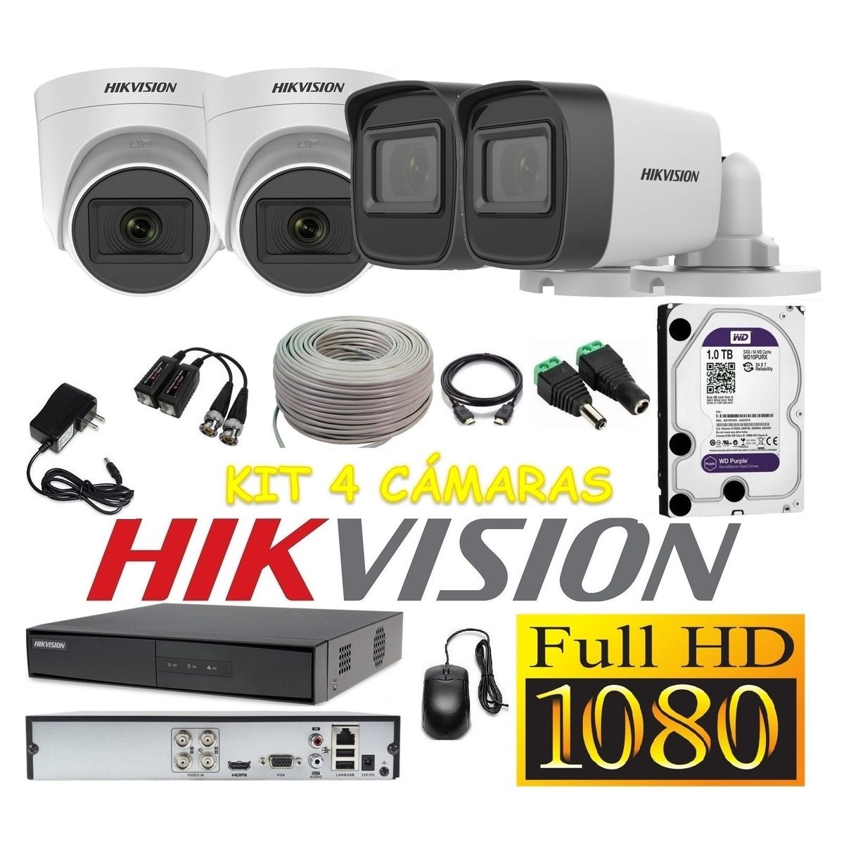 HIKVISION - Cámaras Seguridad Kit 4 HIKVISION FULLHD Audio Incorporado 1Tb + Cable