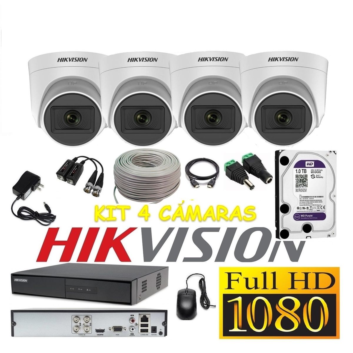 HIKVISION - Cámaras Seguridad Kit 4 HIKVISION DOMO FULLHD Audio Incorporado 1Tb + Cable