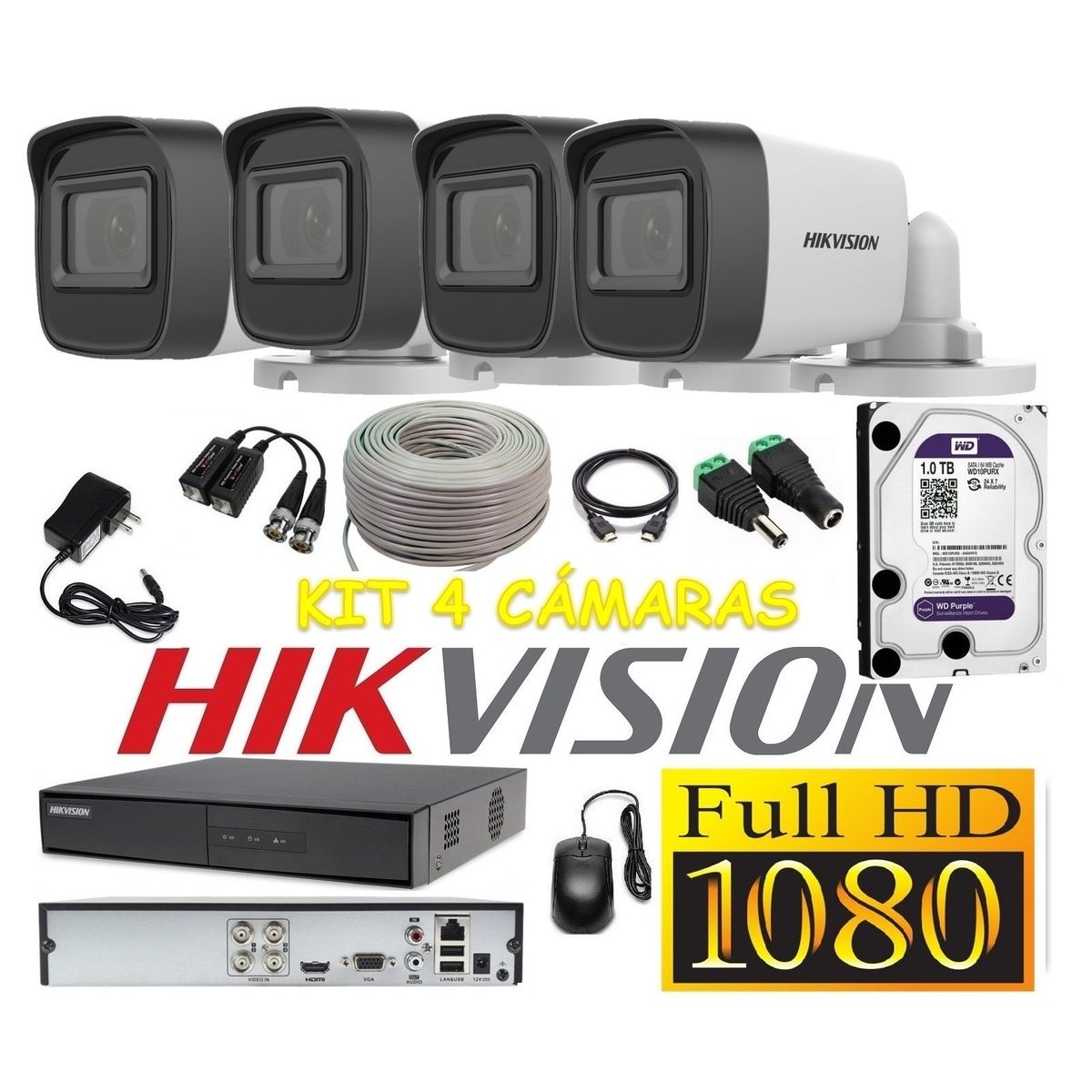HIKVISION - Cámaras Seguridad Kit 4 HIKVISION TUBO FULLHD Audio Incorporado 1Tb + Cable