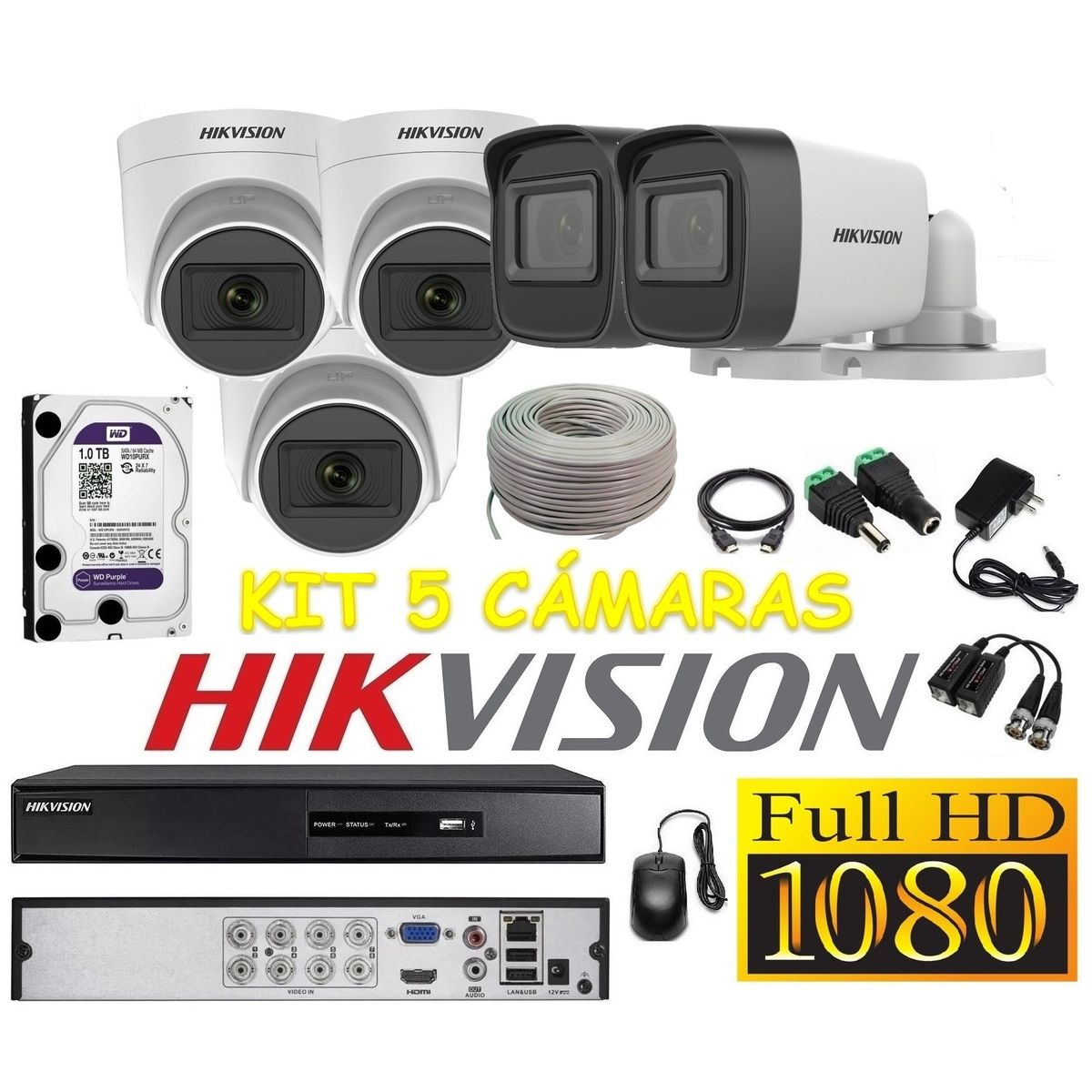 HIKVISION - Cámaras Seguridad Kit 5 HIKVISION FULLHD Audio Incorporado 1tb + Cable