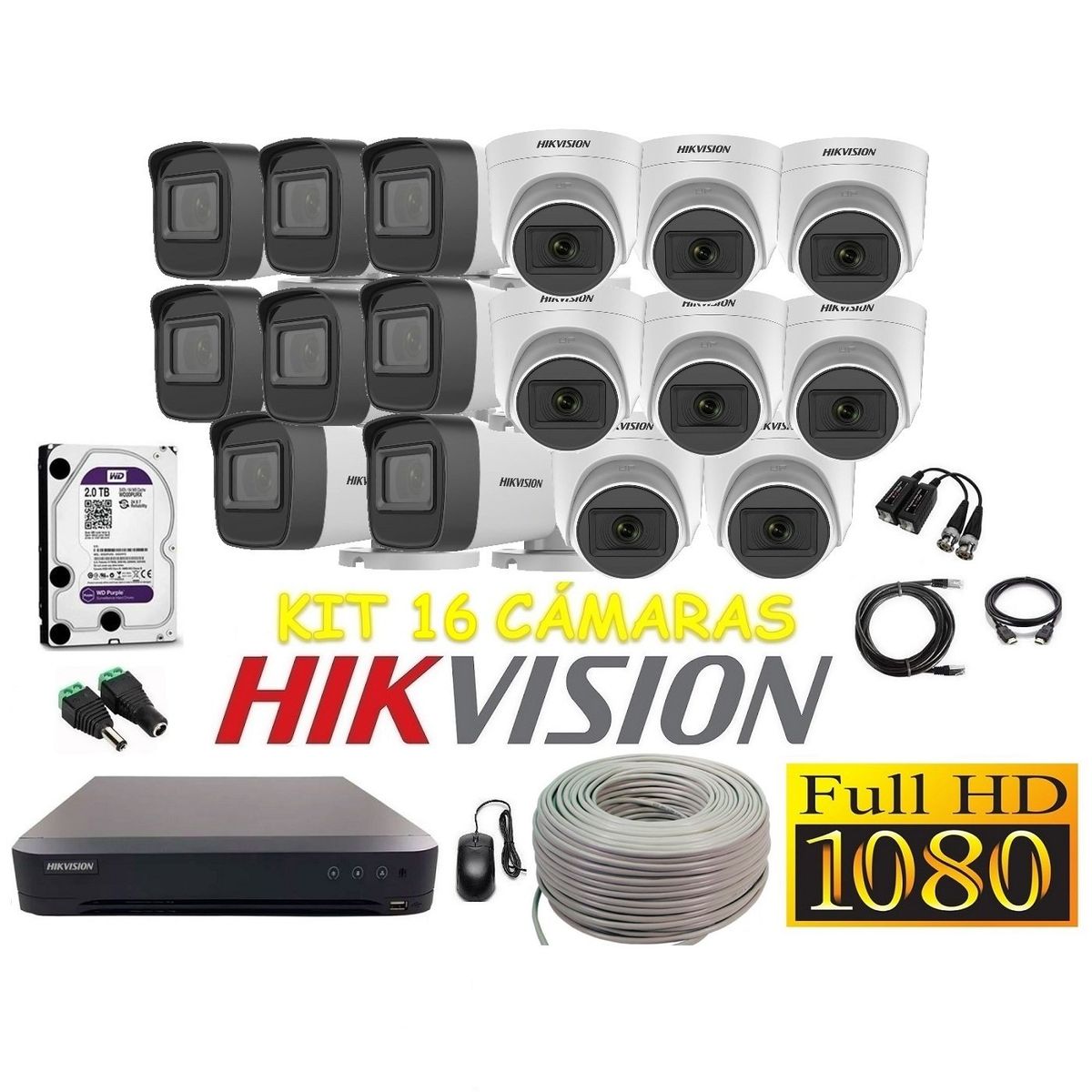 HIKVISION - Cámaras Seguridad Kit 16 HIKVISION FULLHD Audio Incorporado 2tb + Cable